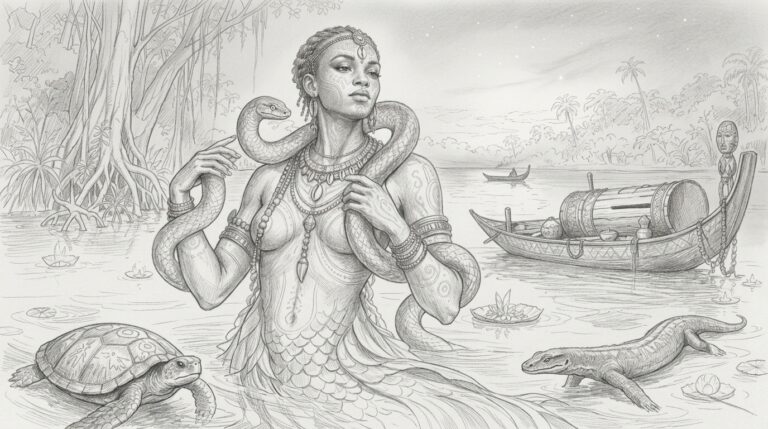 Illustration du mythe de Ndiya, génie des eaux (document accordé par l'utilisateur)