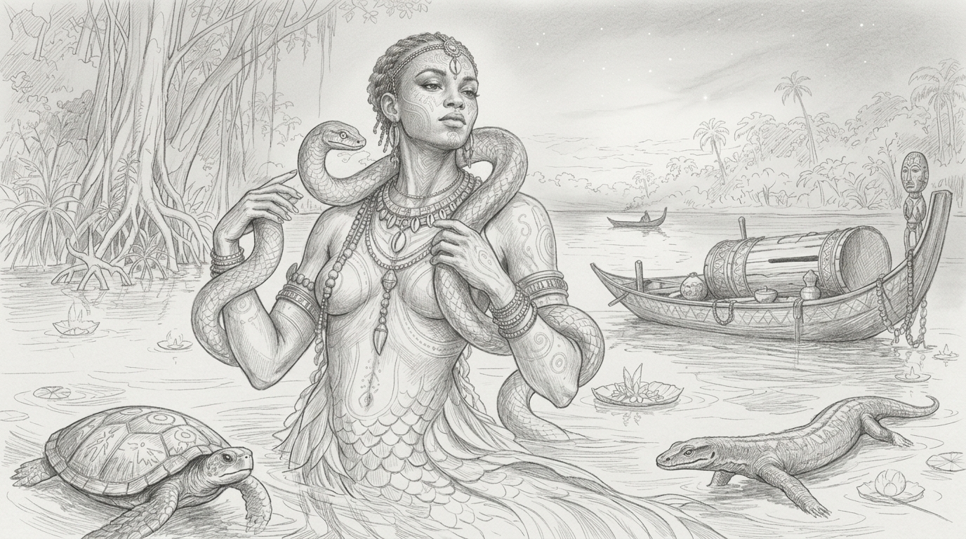 Illustration du mythe de Ndiya, génie des eaux (document accordé par l'utilisateur)
