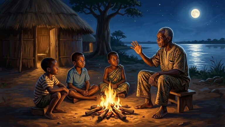 Illustration : une veillée de contes — un ancien raconte autour du feu à trois enfants, devant une case, au bord du fleuve Congo, sous la lune.