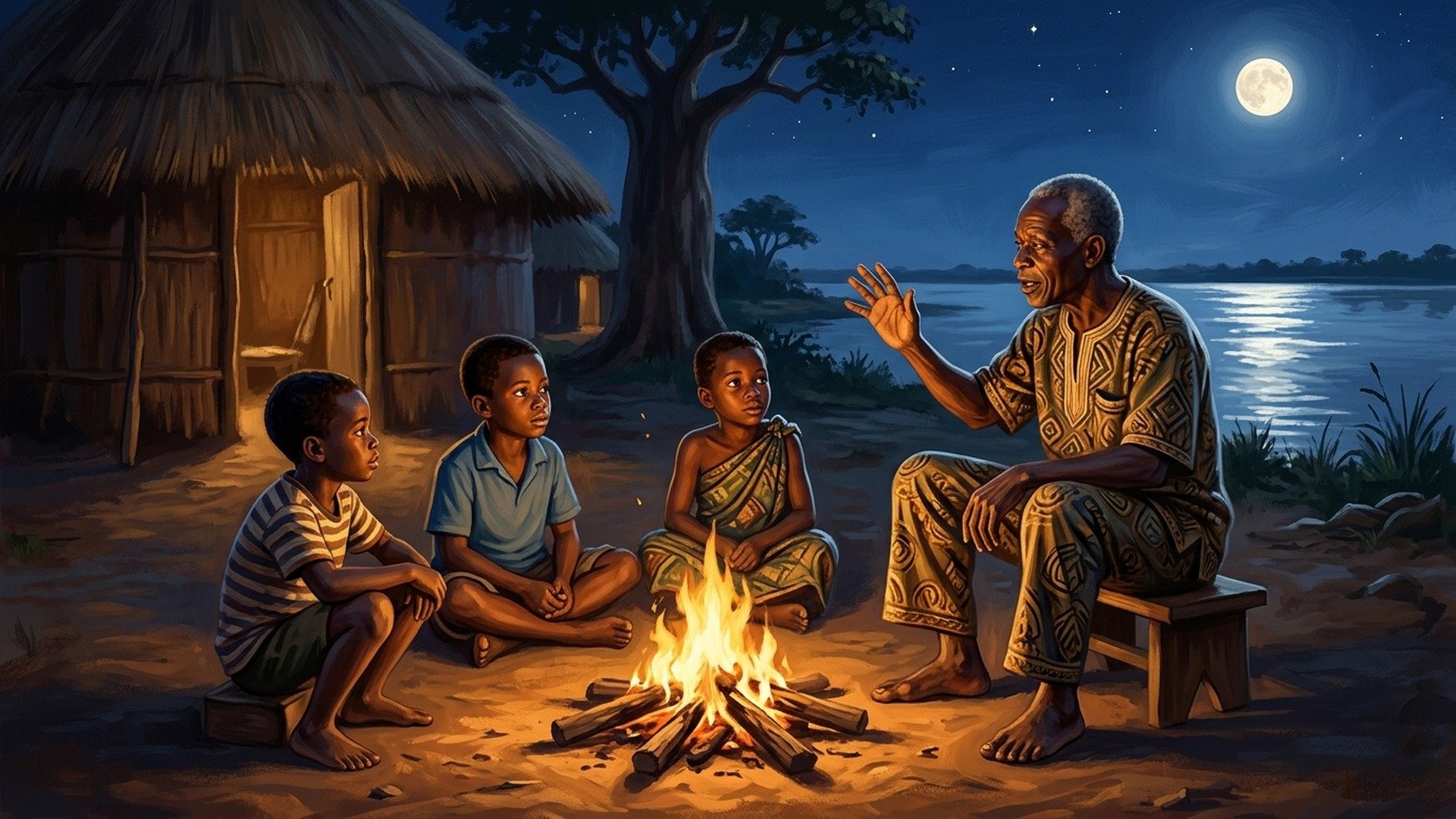 Illustration : une veillée de contes — un ancien raconte autour du feu à trois enfants, devant une case, au bord du fleuve Congo, sous la lune.