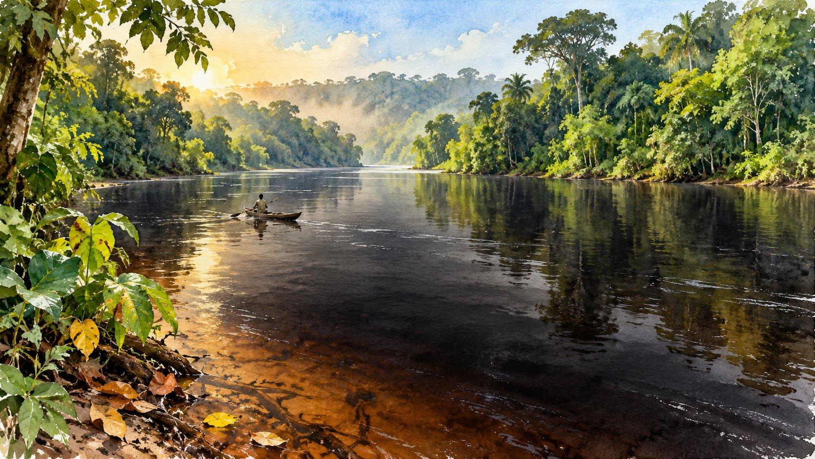 Illustration : une rivière aux eaux sombres (couleur de thé) traversant la forêt du bassin du Congo, un pêcheur en pirogue au lever du soleil