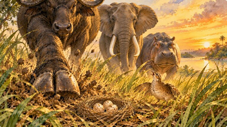 Buffle, éléphant et hippopotame courant dans les hautes herbes près d'un nid d'œufs de perdrix, au bord du fleuve, au coucher du soleil